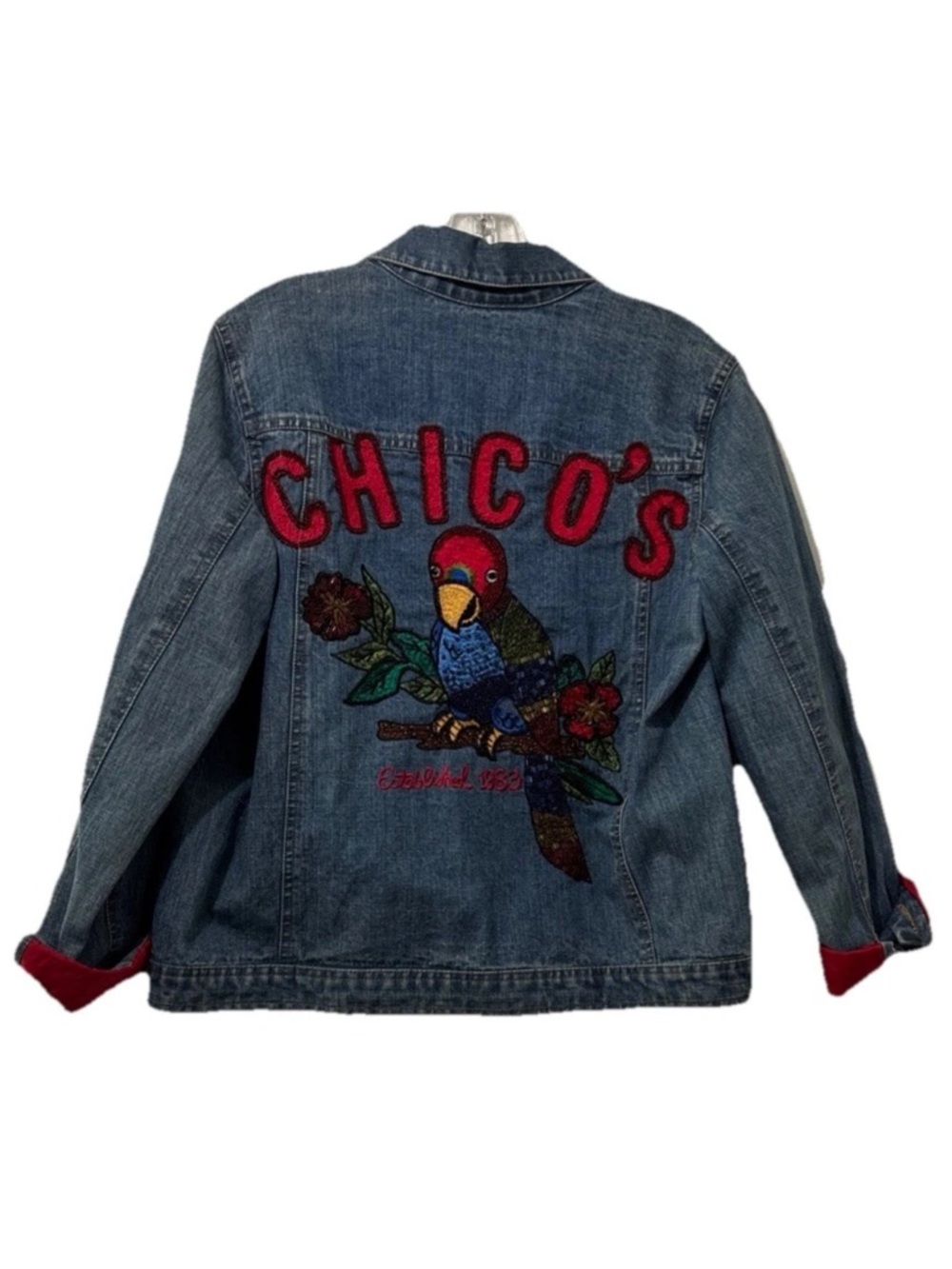 Chico's Denim Jacket with Colorful Parrot Embroidery Beaded Artsy Retro Boho - Picture 1 of 6